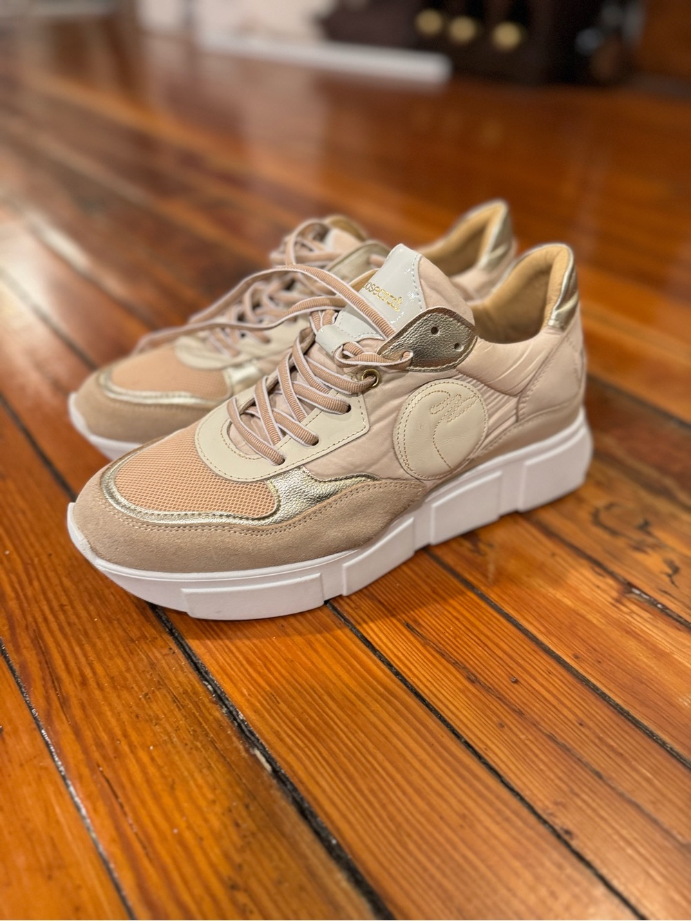 Chunky Lace-Up Sneakers in Beige and Gold - Women's